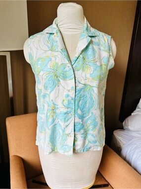 Vintage 50s 60s Pin Up Sleeveless Butterfly Button-Front Blouse Blue White M